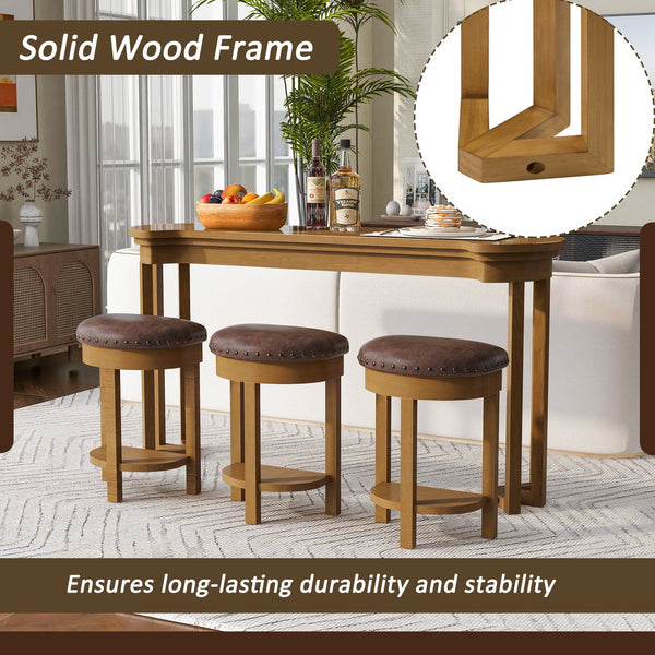 English Elm 4 Piece Bar Table Set with 3 Padded PU Stools, Solid Pine Legs, Oak Veneer Top, Rustic Rivet Accents Natural W1202P289364