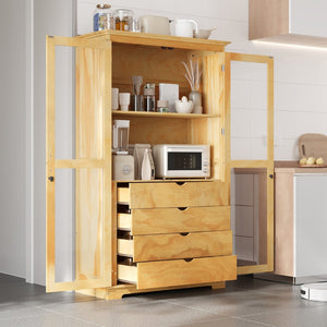 English Elm Topmax Solid Pine Pantry Cabinet with Glass Doors Four Drawers Farmhouse Storage Natural SP000086AAA