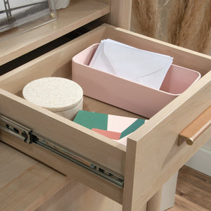 English Elm Desktop Hutch with Brown Finish, Engineered Wood, Open & Hidden Storage, Adjustable Shelves, Cord Management System B356P367816