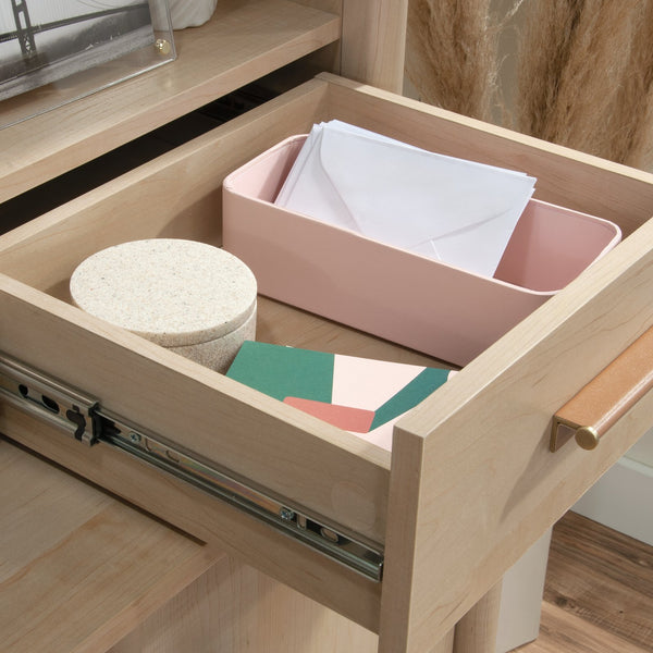 English Elm Desktop Hutch with Brown Finish, Engineered Wood, Open & Hidden Storage, Adjustable Shelves, Cord Management System B356P367816