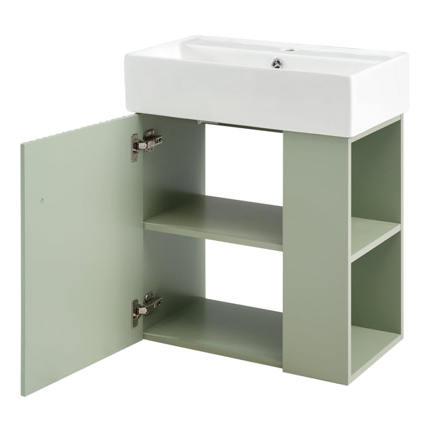 English Elm 21.6 inch Modern Floating Bathroom Vanity with Ceramic Basin, Wave Door, Rose Gold Handle Green N729P170388F