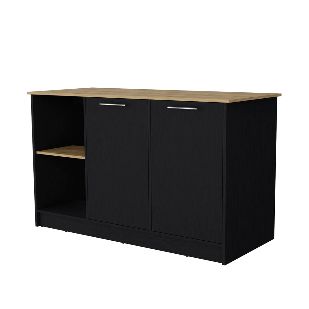 English Elm Mercury Kitchen Island with 59" Spacious Countertop, Dual Cabinets & Open Shelves — Modern Storage B128S00036