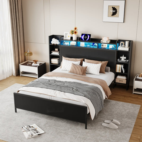 English Elm Twin Metal Platform Bed Bookcase Headboard Usb Charging Led Lights Industrial Frame W1670P459739