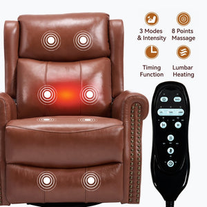 English Elm Heat Massage Rocker Recliner Genuine Leather Swivel Chair with Lumbar Vibration Nodes W3224S00016