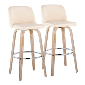 English Elm Toriano 30" Contemporary Fixed-Height Swivel Barstool Set of 2 — Faux Leather Upholstered Seats, Bent Wood Legs and Chrome Footrest, Indoor Seating Cream B202S00709