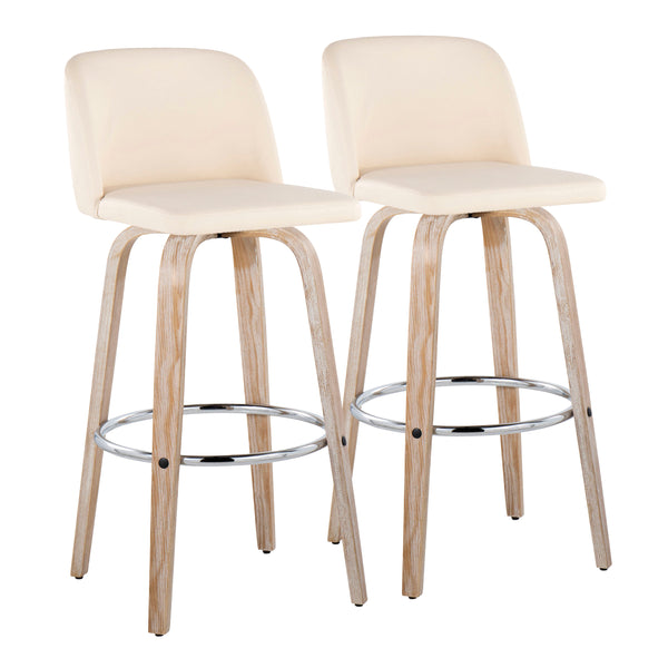 English Elm Toriano 30" Contemporary Fixed-Height Swivel Barstool Set of 2 — Faux Leather Upholstered Seats, Bent Wood Legs and Chrome Footrest, Indoor Seating Cream B202S00709