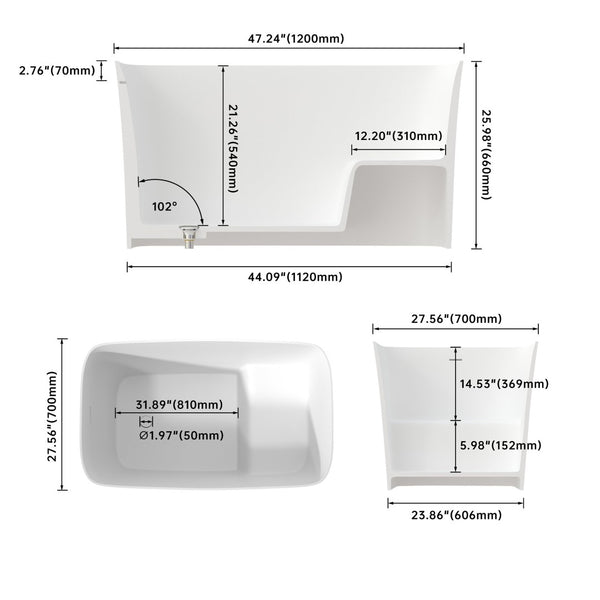 English Elm 47 Inch Stone Resin Freestanding Soaking Tub Matte Minimalist Spa Bath Design T3785P353972