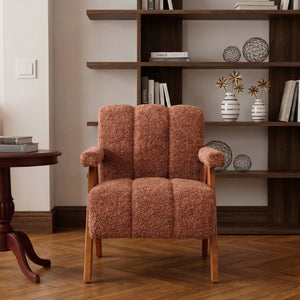 English Elm Mid-century Modern Chenille Lounge Chair Set Oak Frame Cloud Silhouette Living Room Rust Red W1170S00049