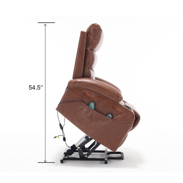 English Elm 21"seat Large Electric Power Lift Recliner Chair with 8-Point Vibration Massage, Lumbar Heat, Remote Control and Cup Holders for Easy Standing Comfort and Pocket Storage Brown W311P316089