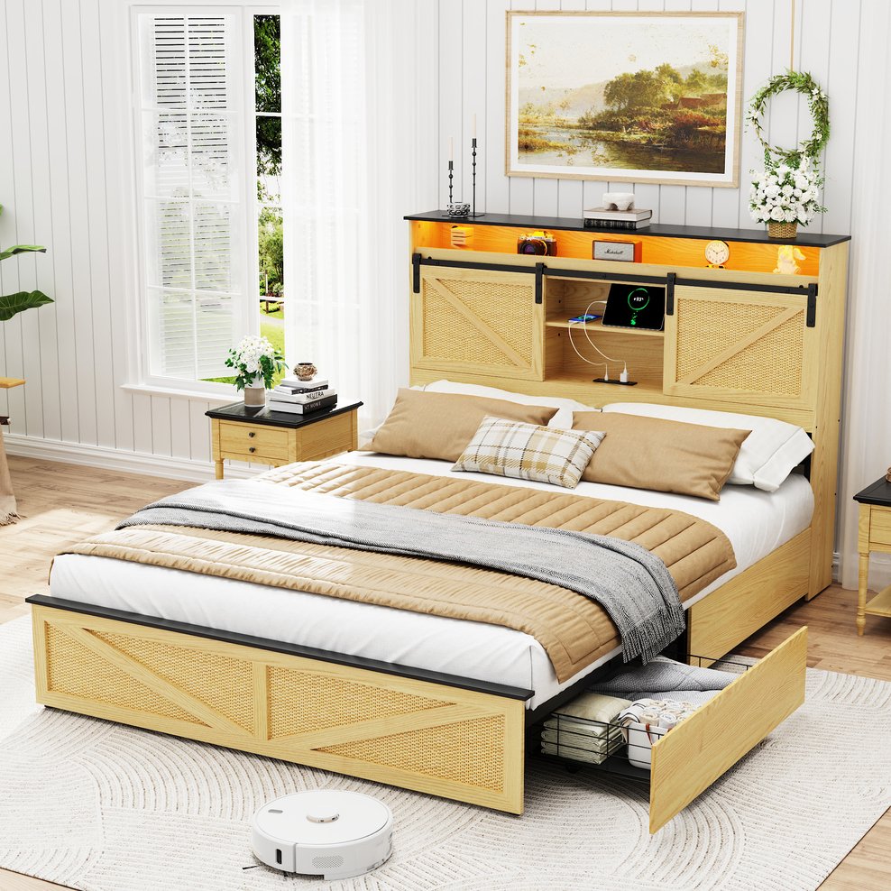 English Elm Farmhouse Full Size Bed Frame With Storage Headboard, Charging Station, Led Lights & Rustic Charm W1550P343683