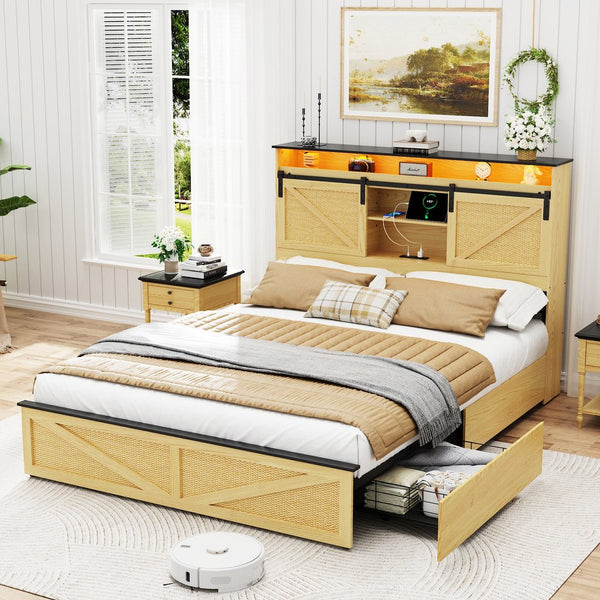 English Elm Farmhouse Full Size Bed Frame With Storage Headboard, Charging Station, Led Lights & Rustic Charm W1550P343683
