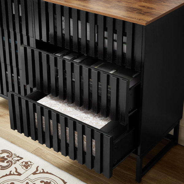 English Elm 6 Drawer Double Dresser Black Grille Striped Doors, Modern MDF & Metal Legs, Sturdy 6-Drawer Storage Elegance W578P193307