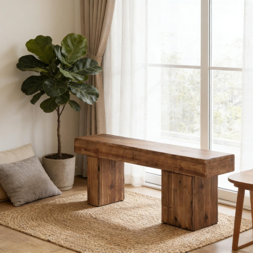 English Elm Hall Entryway Bench Solid Fir Wood Rustic Farmhouse Seat with Asymmetrical Legs T3971P453187
