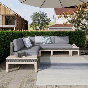 English Elm Christopher Knight Home® - Outdoor Acacia Wood Sectional Sofa Set with Wicker, Water‑Resistant Cushions, Built‑In Tables, Durable Rattan (Dark Gray) N757S367255G