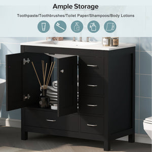 English Elm 36" Black Bathroom Vanity with Ceramic Sink, 2 Soft-Close Doors & 5 Drawers, Modern Storage Elegance N729P183735B