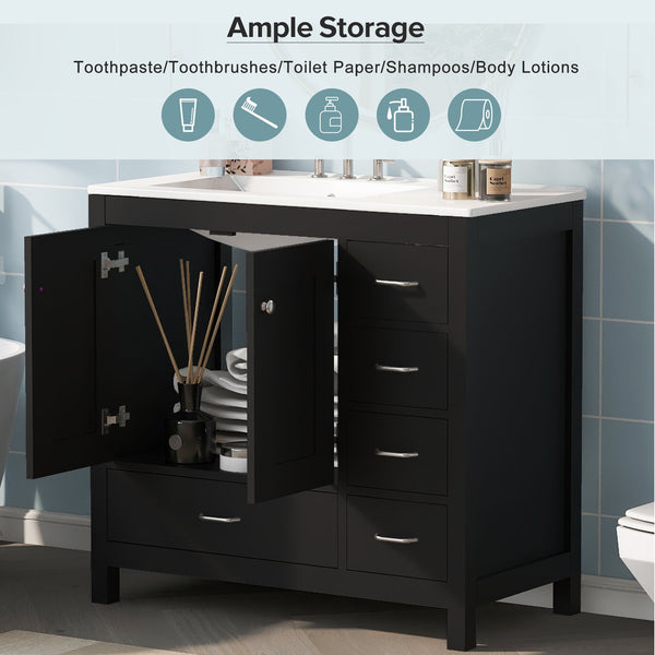 English Elm 36" Black Bathroom Vanity with Ceramic Sink, 2 Soft-Close Doors & 5 Drawers, Modern Storage Elegance N729P183735B