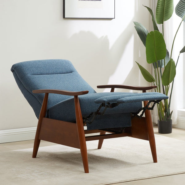 English Elm Tustin Mid-century Push Back Recliner with Chestnut Wood Arms and Performance Fabric Blue B050P429144
