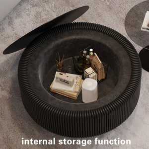 English Elm Black Round Fluted Pu Leather Coffee Table Tempered Glass Top Hidden Storage Modern Black W3081P428980