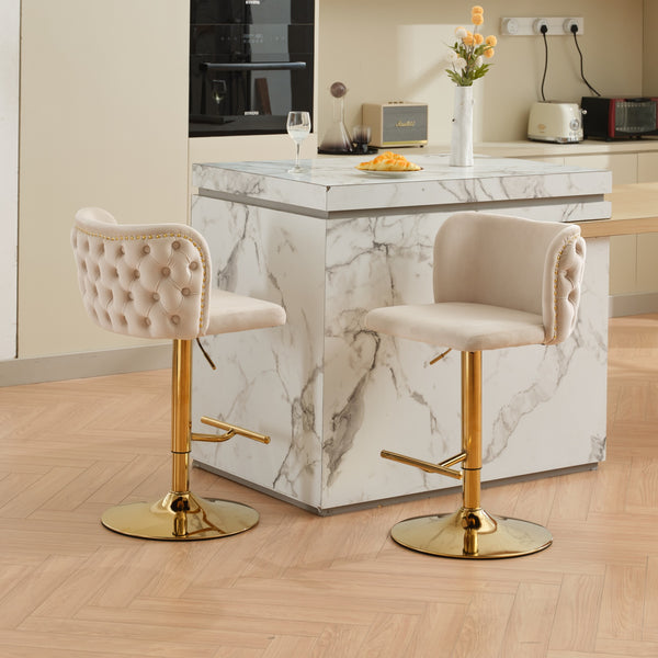 English Elm A&A Luxe Velvet Swivel Barstool with Gold-Plated 17.7" Base, Tufted Back, Ergonomic Waist Support Beige W1143P204045