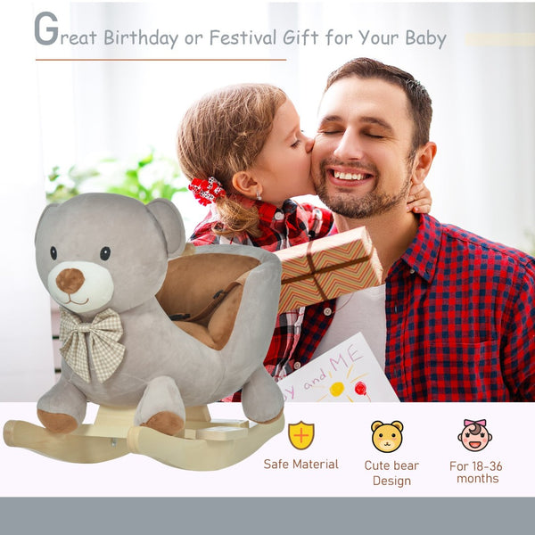 English Elm Qaba Plush Bear Toddler Rocker with Wooden Base Sound Feature and Safety Belt W2225P229171