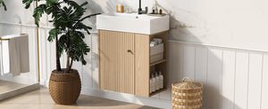 English Elm 21.6 inch Modern Floating Bathroom Vanity with Ceramic Basin, Wave Door, Rose Gold Handle Wood N729P170388D
