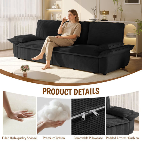 English Elm 94.5" King Convertible Sleeper Sofa Corduroy Upholstered Chaise Lounge Guest Room Bed Black W1885S00404
