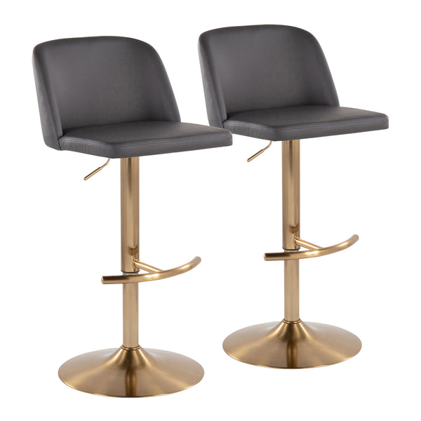 English Elm Toriano Adjustable Swivel Barstool by LumiSource — Faux Leather Padded Seat with Gold T-Footrest Set of 2 Grey B202S01046