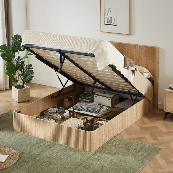 English Elm Queen Lift-Up Storage Bed Frame with Curved Wooden Design, Hydraulic Easy-Access Storage, 1000lb Capacity Oak W1820P379904