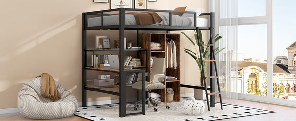 English Elm Full Full Size Metal Loft Bed with Built-In Desk, Wardrobe & Shelves in Black — Space-Saving, Sturdy Design (Fits 6" Mattress) GX001134AAB