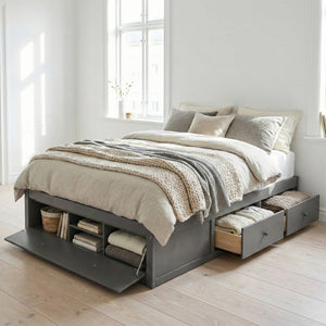 English Elm Queen Platform Storage Bed with Hydraulic Lift Footboard and Four Drawers Antique Finish Gray LP000139AAE