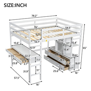 English Elm Full Size Loft Bed Pine Wood Frame with Desk Four Drawers and Shelves in White SM000320AAK-1