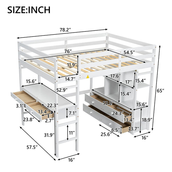 English Elm Full Size Loft Bed Pine Wood Frame with Desk Four Drawers and Shelves in White SM000320AAK-1