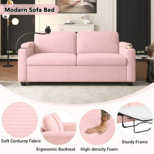 English Elm 72.8" Corduroy Convertible Loveseat with Full Bed Usb Charging and Storage Pockets N719P208880P