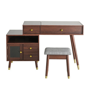 English Elm 3-in-1 Vanity Desk with LED Flip Mirror, Compact Makeup/Dressing Table with Storage Drawers & Stool Walnut N844P291656W