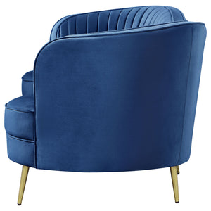 English Elm Marsden Sophia Blue Velvet Recessed Arm Sofa with Inverted Camel Back, Vertical Channels, Gold Legs B062P357811