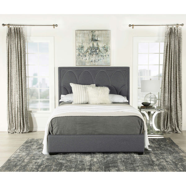 English Elm Maille Charcoal Upholstered Eastern King Bed - Modern Elegance With Scalloped Headboard & Nail Trim B062S01009