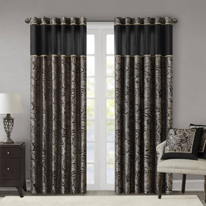 JLA Home Madison Park - Jacquard Aubrey Curtain Panels with Paisley Motif, Faux Silk Piecing, Gold Piping, OEKO‑TEX Certified Elegance Black MP40-2678