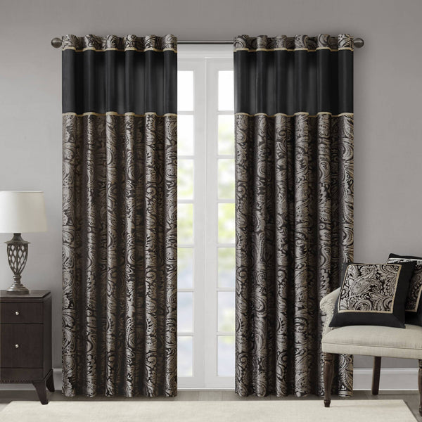 JLA Home Madison Park - Jacquard Aubrey Curtain Panels with Paisley Motif, Faux Silk Piecing, Gold Piping, OEKO‑TEX Certified Elegance Black MP40-2678