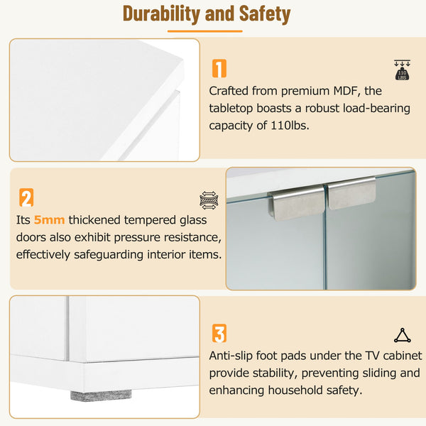 English Elm ON-TREND Modern APP-Controlled LED TV Stand for TVs up to 105" with Faux Marble Top, Tempered Glass Doors, Ample Storage, Cable Management, and High Load Capacity for Living Room Entertainment Center White N721P171537K