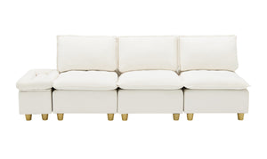 English Elm 104-inch pumpkin flannel three-seater sofa with storage cabinet, cup holders, adjustable backrest, comfy modern design Beige W1658S00096