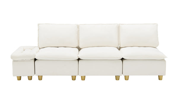 English Elm 104-inch pumpkin flannel three-seater sofa with storage cabinet, cup holders, adjustable backrest, comfy modern design Beige W1658S00096