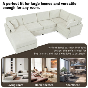 English Elm U-style 127" U-shaped sectional sofa with movable ottoman, chenille comfort, sturdy pine frame and stylish modular design ideal for large living rooms and entertaining Beige WY000458AAA