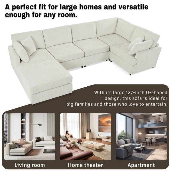 English Elm U-style 127" U-shaped sectional sofa with movable ottoman, chenille comfort, sturdy pine frame and stylish modular design ideal for large living rooms and entertaining Beige WY000458AAA
