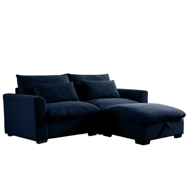 English Elm Sectional cloudlike corduroy sofa sleeper with storage ottoman, modular deep seats, cozy support and style Blue W714S00649