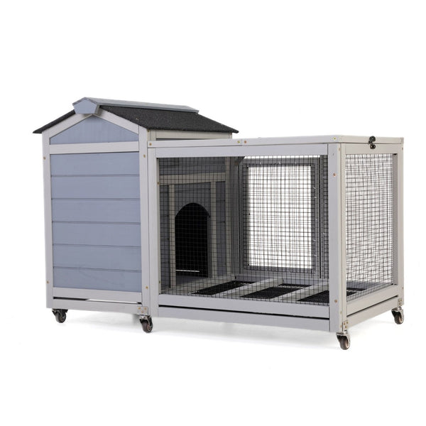 English Elm Wooden Pine Rabbit Hutch Dual Compartment Pet House with Casters Weatherproof Roof W2181P356189