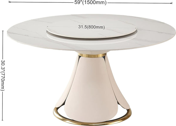 English Elm Round Sintered Stone Dining Set for 6 — 59" Marble-Look Top, Petal PU Leather Base, Stain & Heat Resistant W509S00098
