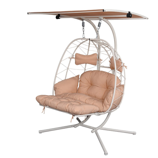 English Elm 2-person Outdoor Wicker Egg Chair Hanging Swing with Canopy Stand and Cushions Beige+White T5880P502253