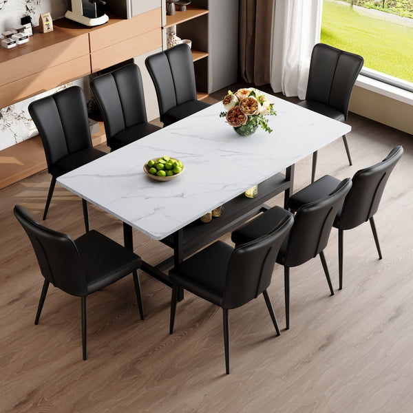 English Elm Table And Chair Set - Modern 71" White Grain Dining Table With Storage & 8 Stylish Black Pu Chairs W1151S04269-GIGA