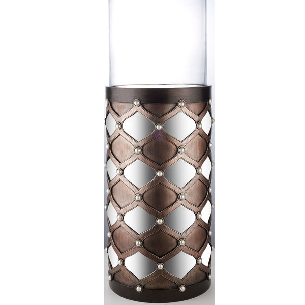 English Elm 31" Tall Hurricane Candleholder with Arabesque Mirrored Tiles and Pearl Espresso Column B072116552