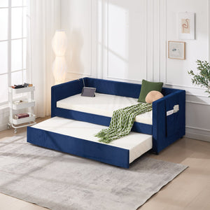 English Elm Twin Velvet Upholstered Daybed with Trundle, V-Pattern Backrest, USB Port, Side Pockets, Sturdy Design Navy W1361S00044